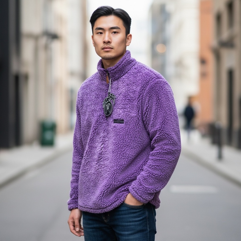 Usa Palm Sherpa, Mens, Qtr Zip, Reversible Pull-Over, Color Purple, Size Xxs